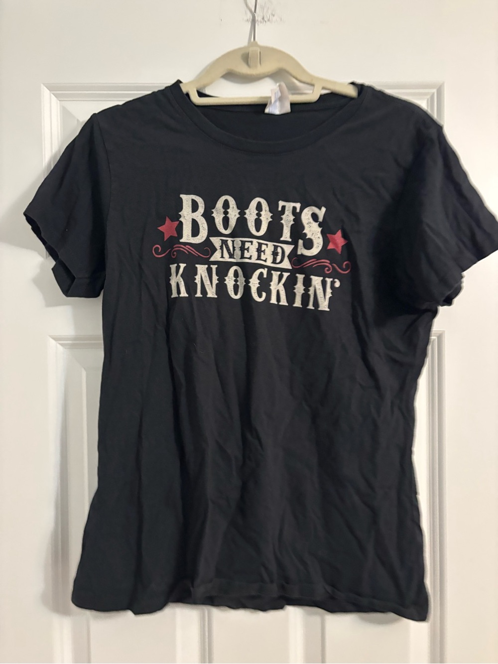 "Boots Need Knockin'" Graphic Tee - Black with Red & White Print